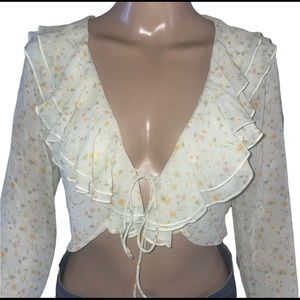 Forever 21 Long Sleeve Cropped Tie Front Top